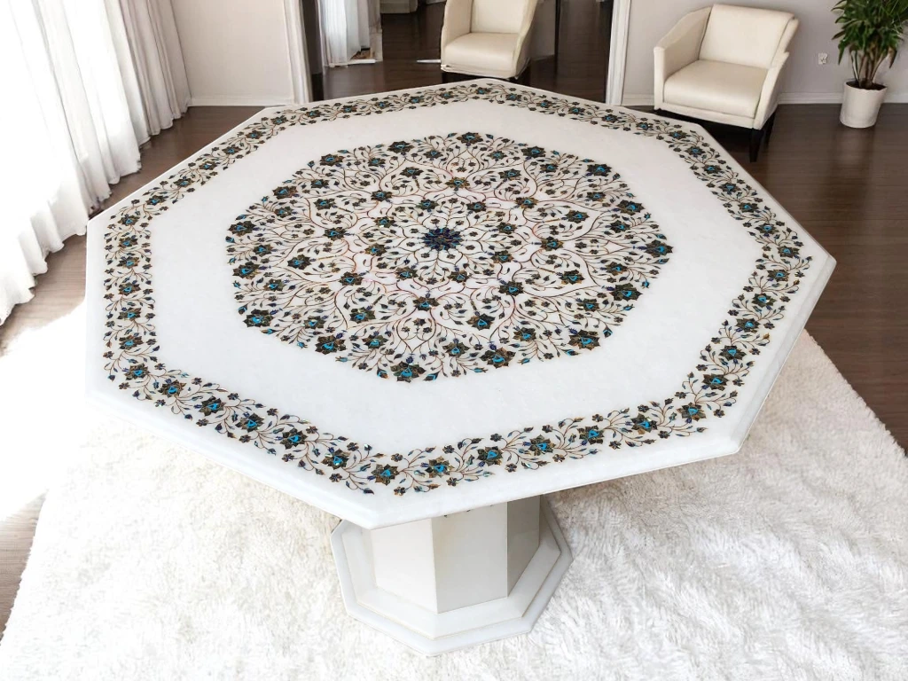White Marble Coffee Table with Multi-Semi Precious Gemstone Inlay