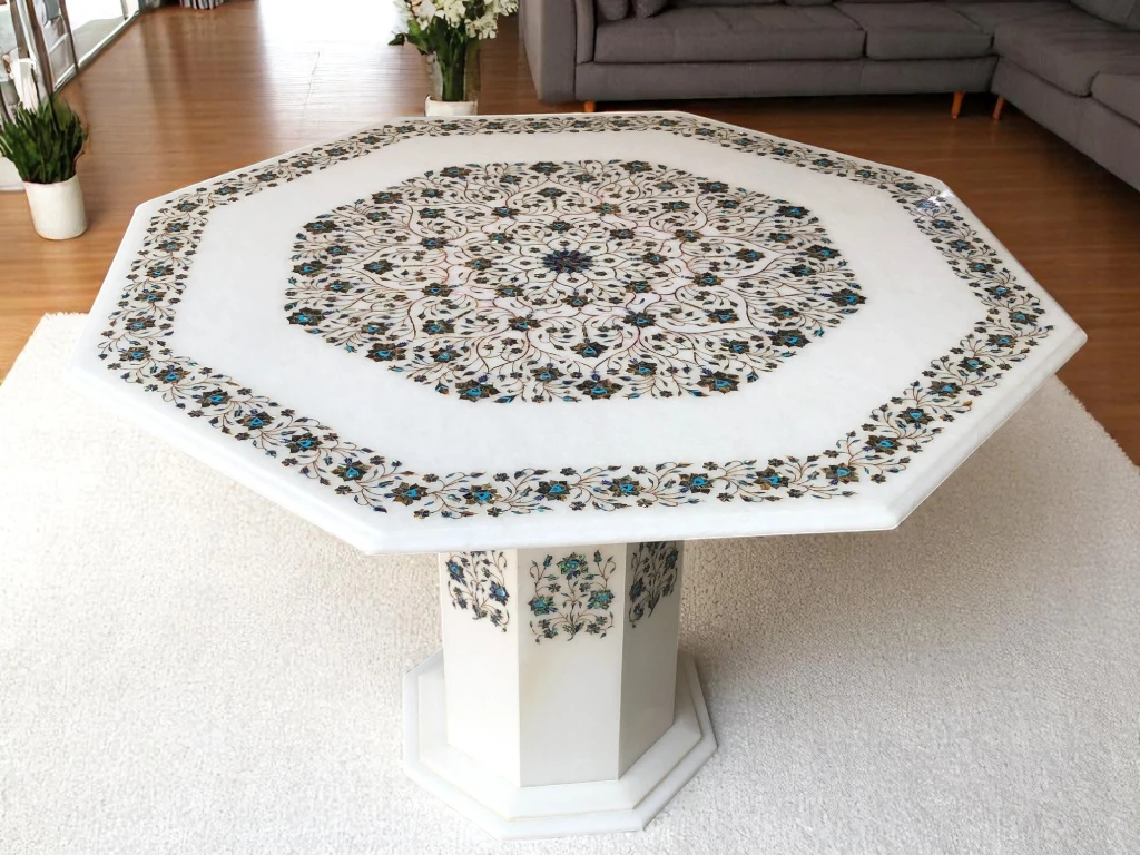 White Marble Coffee Table with Multi-Semi Precious Gemstone Inlay