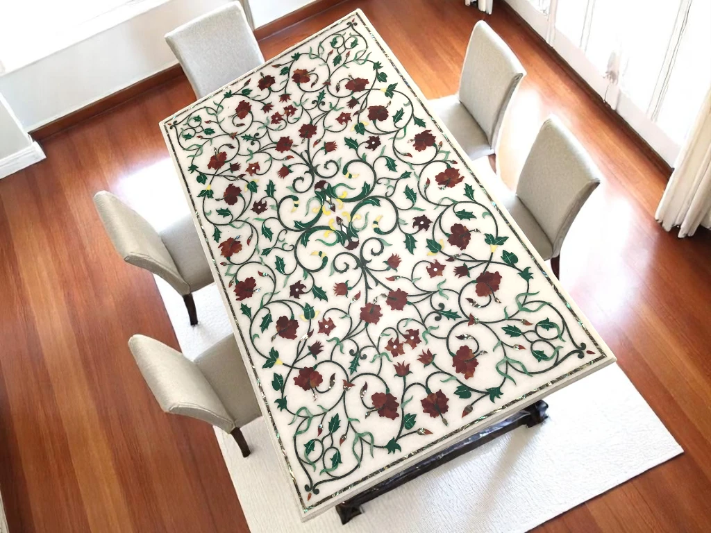 White Marble Dining Room Table : Semi Precious Inlay Gemstone
