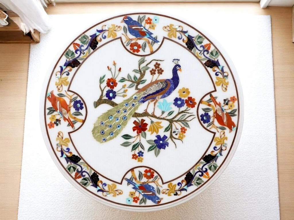White Marble Round Table – Floral Peacock Bird Marquetry Art Décor